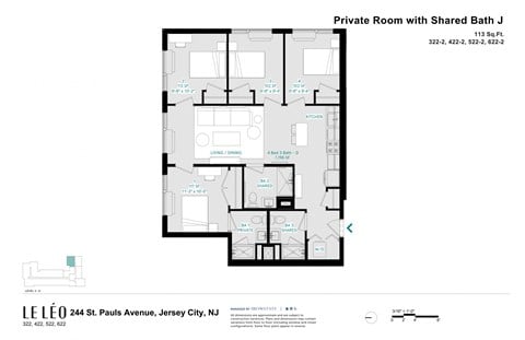 Floor plan for 1 bed, 1 bath, 113 sqft